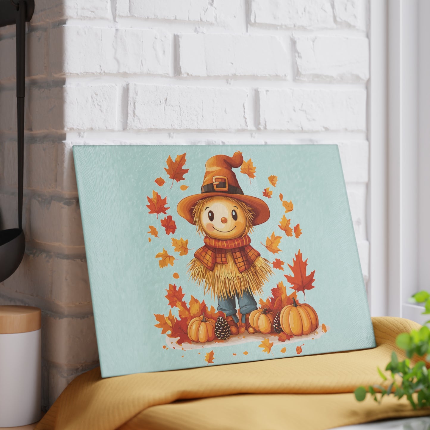 Autumn Scarecrow Glass Cutting Board, Fall Kitchen Decor, Thanksgiving Gift, Food Prep Surface, Harvest Homeware, Seasonal Cooking Tool