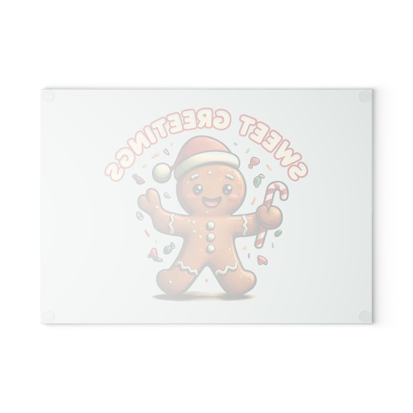 Gingerbread "Sweet Greetings" Glass Cutting Board — Festive Holiday Kitchen Decor