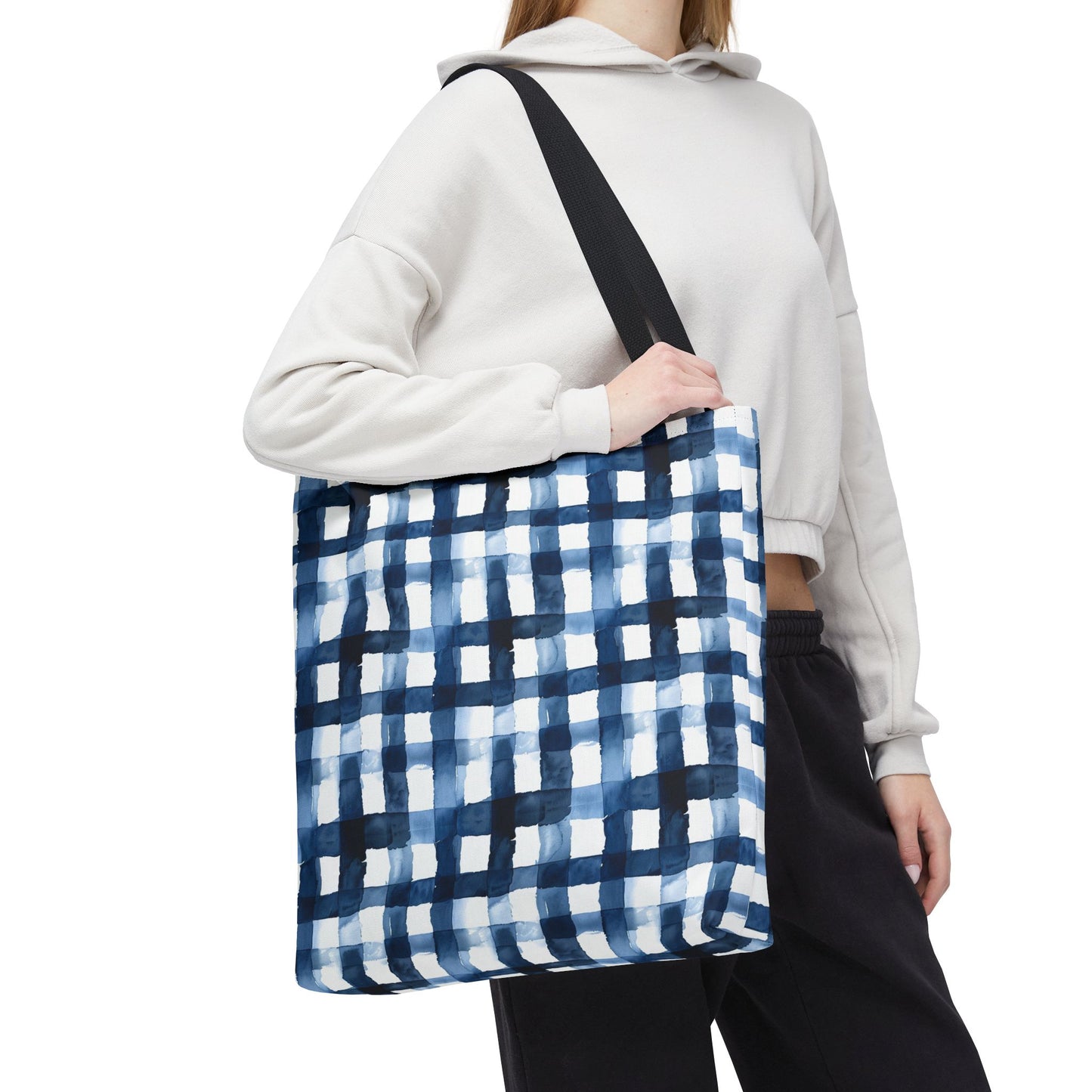 Blue Watercolor Plaid Tote Bag — Navy Check Pattern All-Over Print