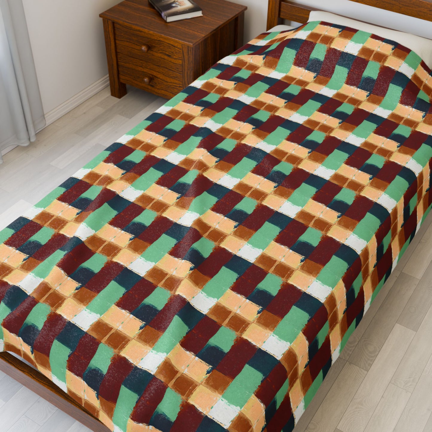 Geometric Retro Plaid Velveteen Plush Blanket — Cozy Mid-Century Throw