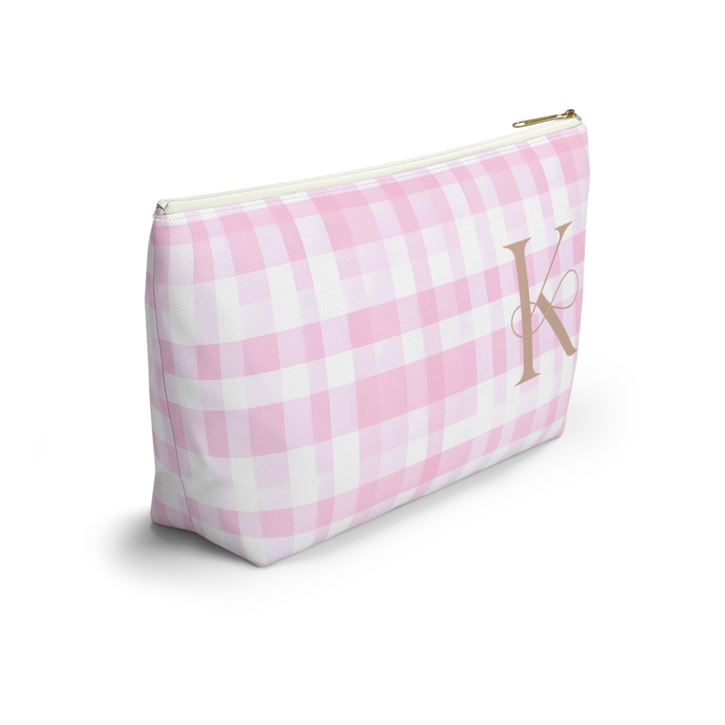 Personalized Pink Gingham Accessory Pouch, Makeup Bag - Letter K