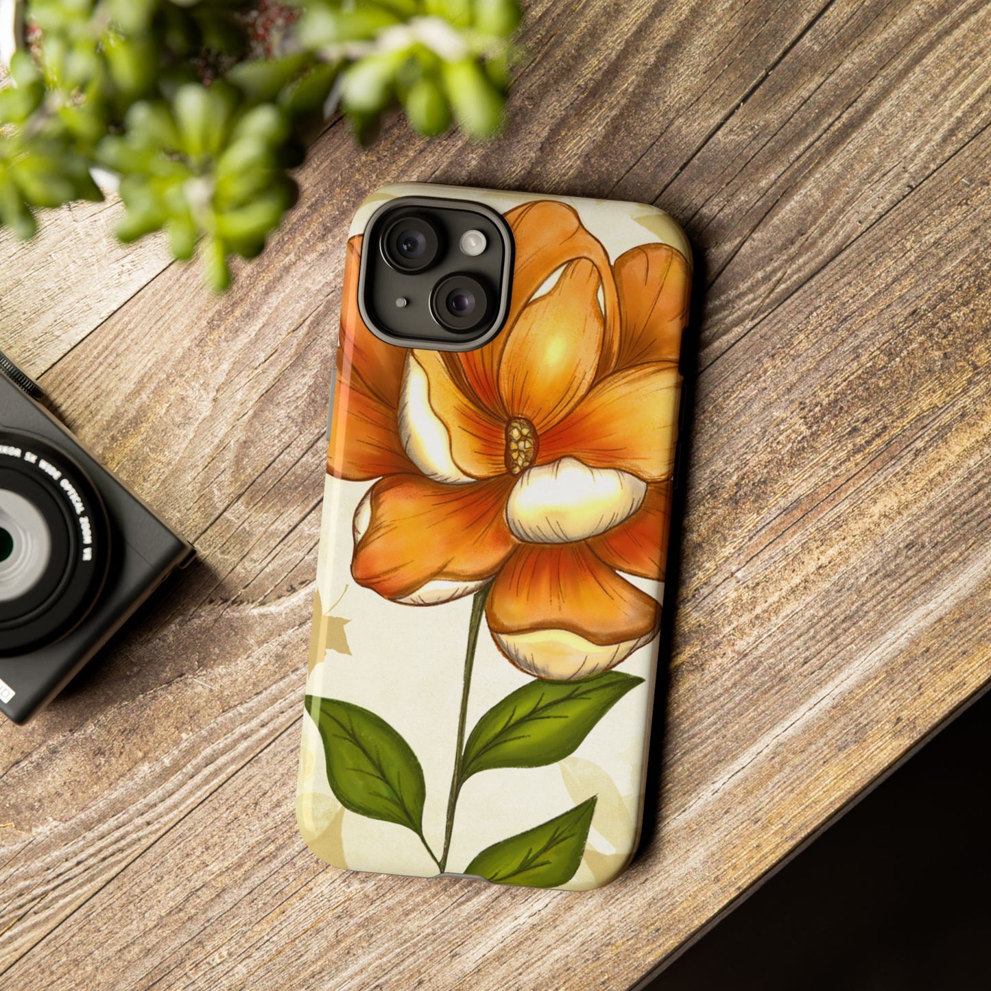 Floral Phone Case with Orange Flower Design, Tough Phone Cover, Floral Gift, Stylish Tech Accessory, Nature Lovers, Spring Vibes