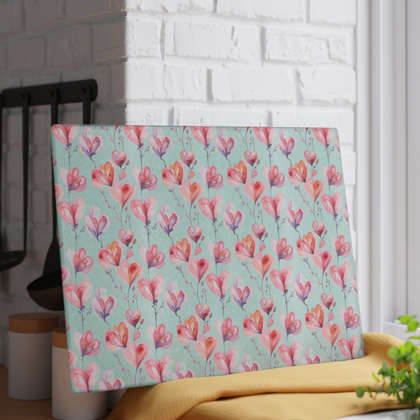 Floral Watercolor Glass Cutting Board — Pink Tulip Pattern