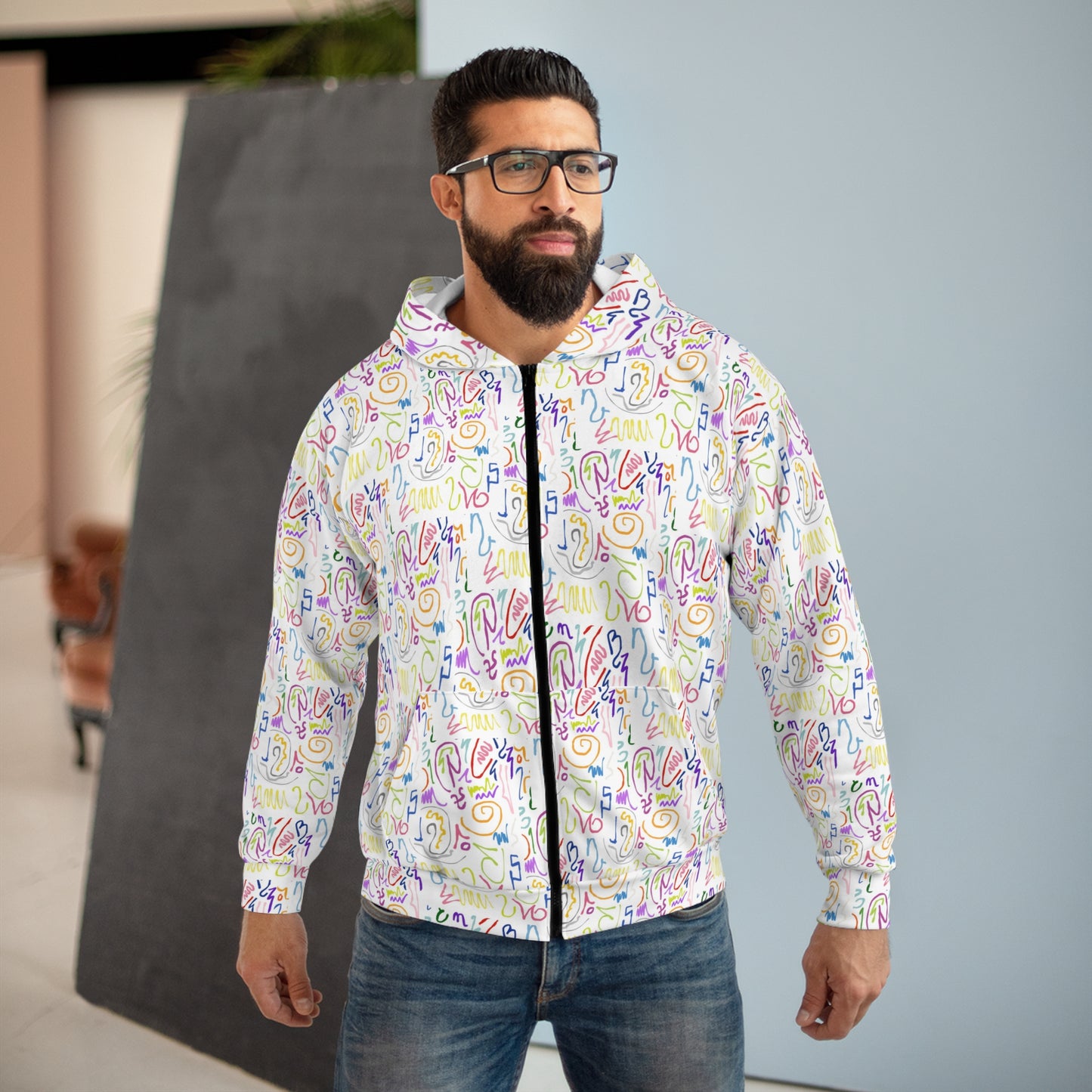 Colorful Unisex Zip Hoodie, Vibrant Fashion Sweater, Casual Everyday Wear, Gift for Friends, Unique Style for Spring