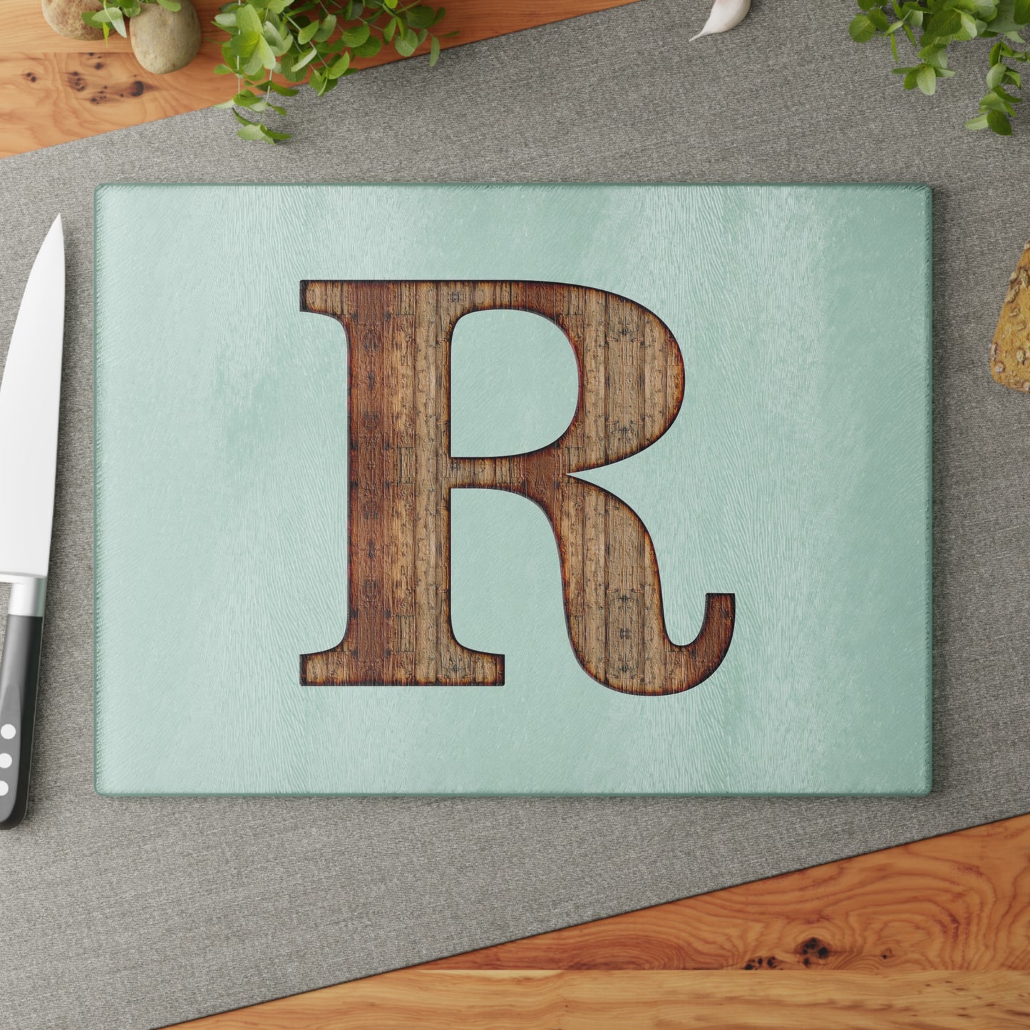 Monogram Glass Cutting Board – Rustic Wood Letter R on Mint
