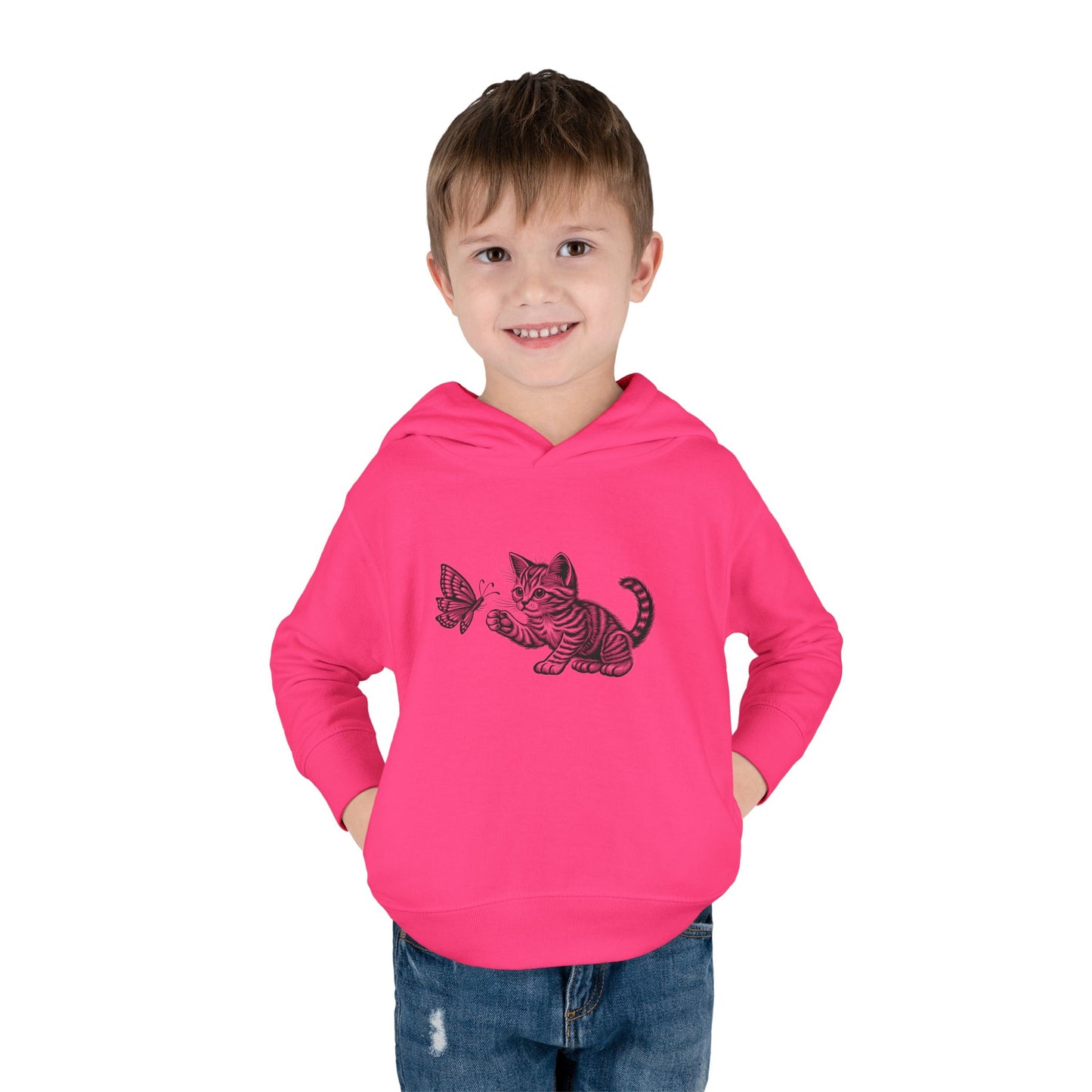 Cute Cat and Butterfly Toddler Hoodie, Toddler Pullover, Kids Fleece Hoodie, Animal Lover Gift, Playtime Pullover