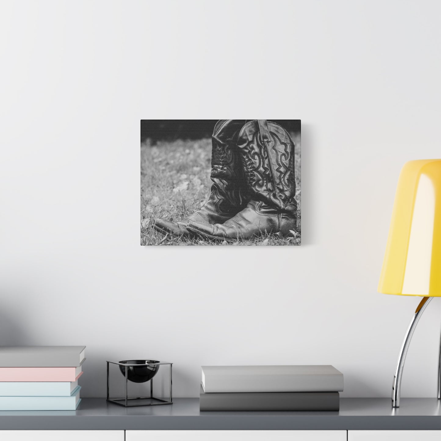 Western Cowboy Boots Matte Canvas Wall Art – Black & White Rustic Country Decor