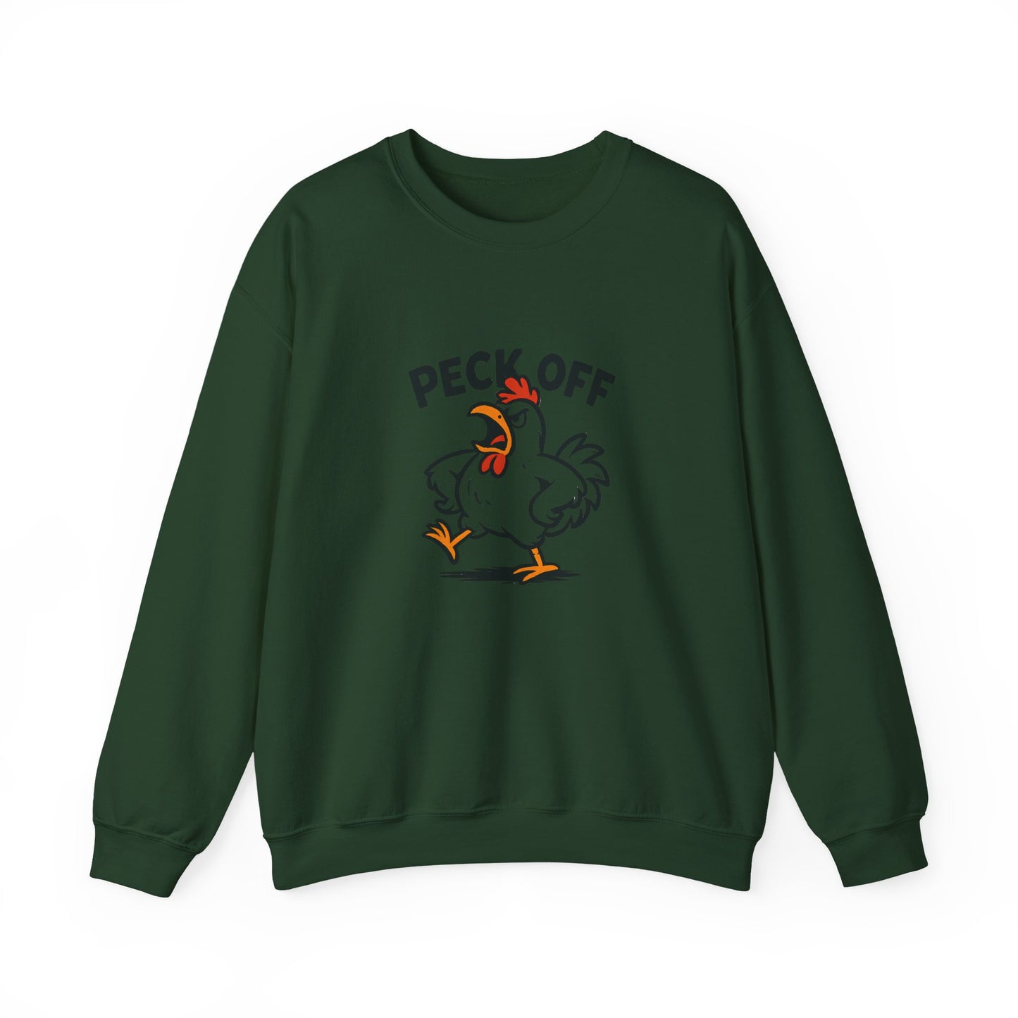 Crewneck Sweatshirt — 'Peck Off' Funny Angry Chicken Graphic