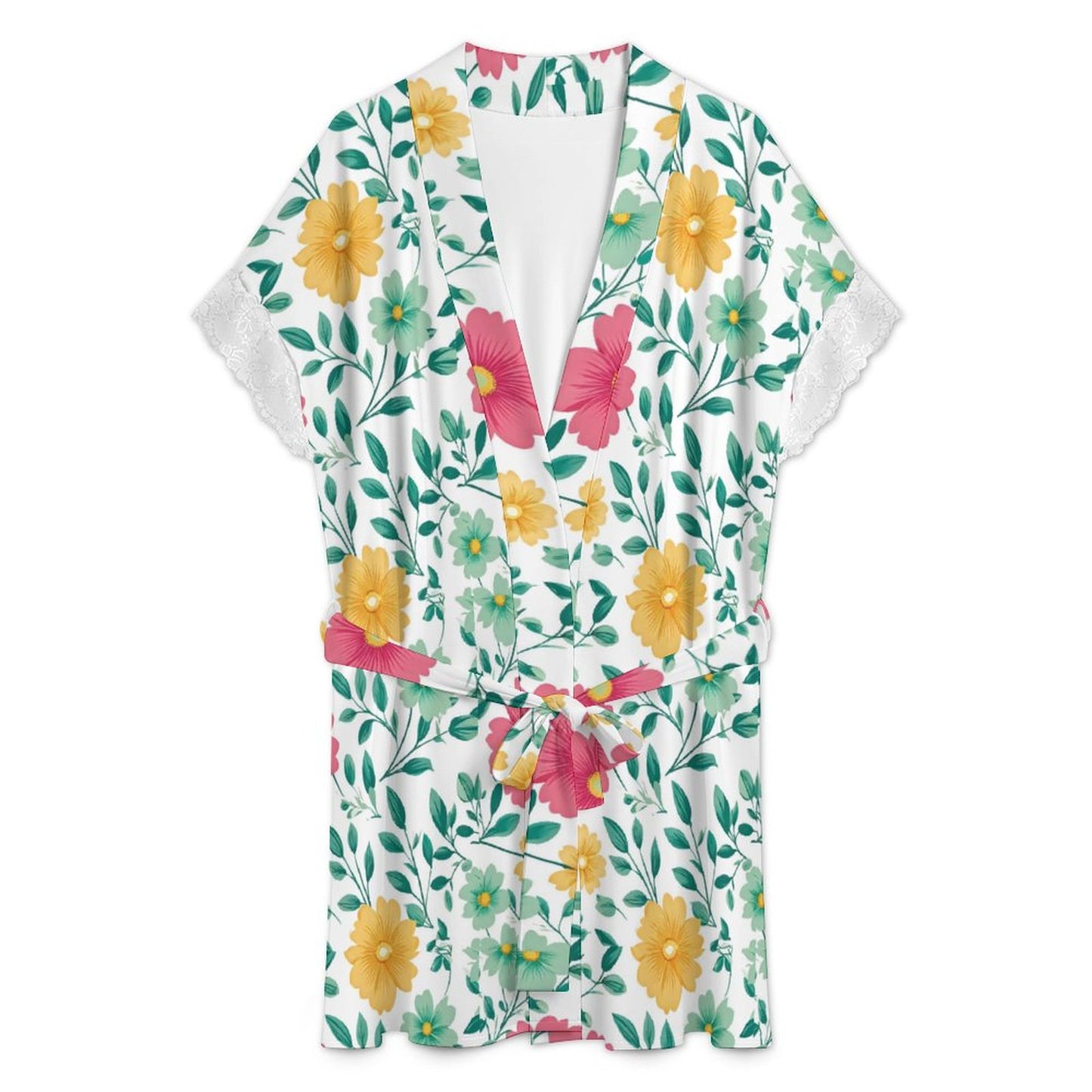 Lace Trimmed Short-Sleeve Robe