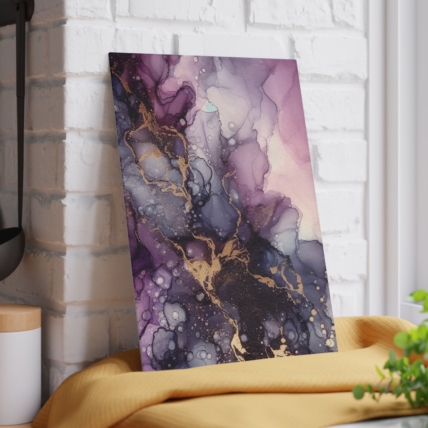 Purple Marble Glass Cutting Board – Abstract Gold Vein Kitchen Board