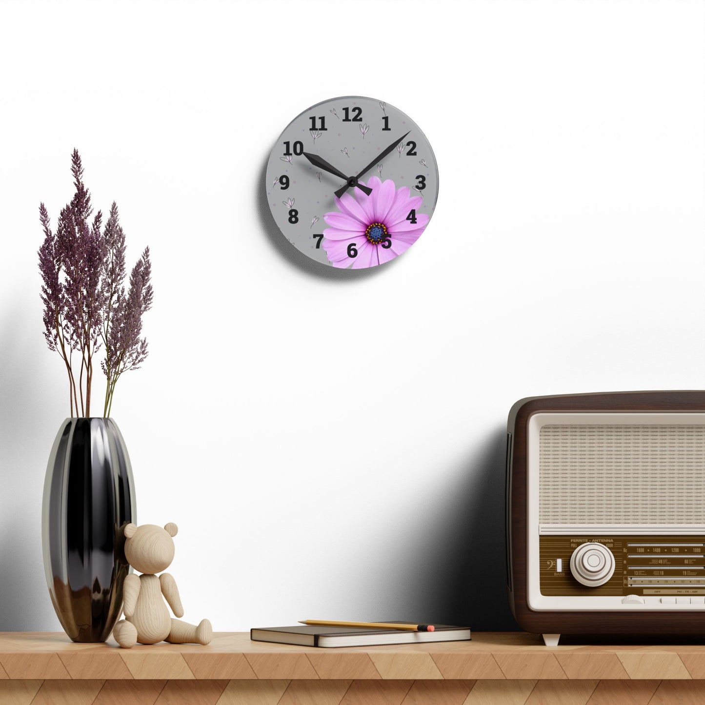 Floral Acrylic Wall Clock Spring Decor, Home Office Accessory