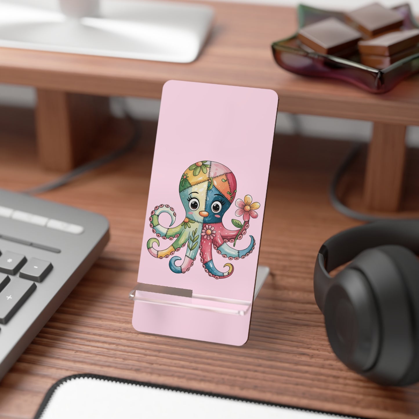 Cute Octopus Phone Stand — Pink Foldable Mobile Display Stand for Smartphones