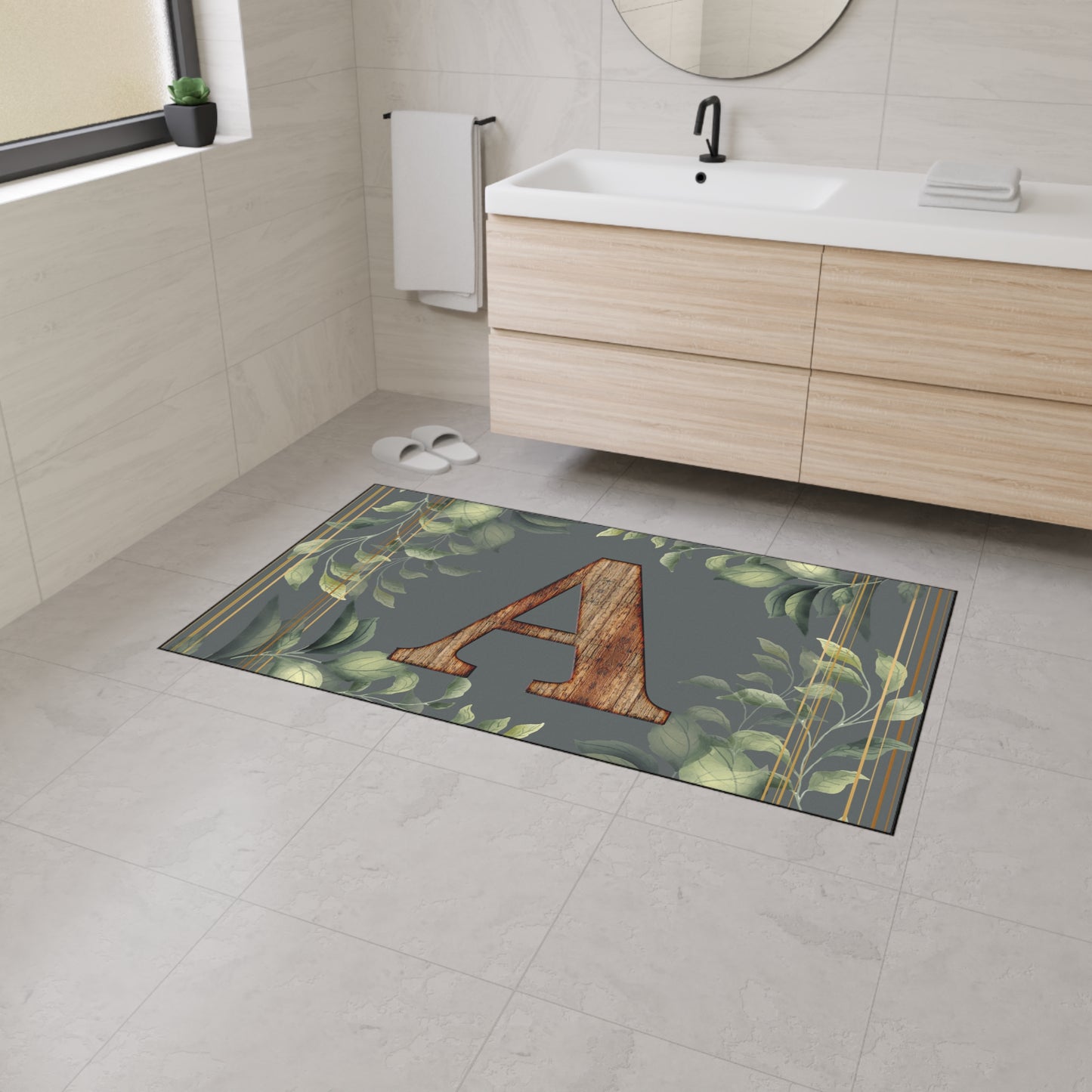 Personalized Monogram Floor Mat - Rustic Wood 'A' with Greenery Welcome Rug - Letter A