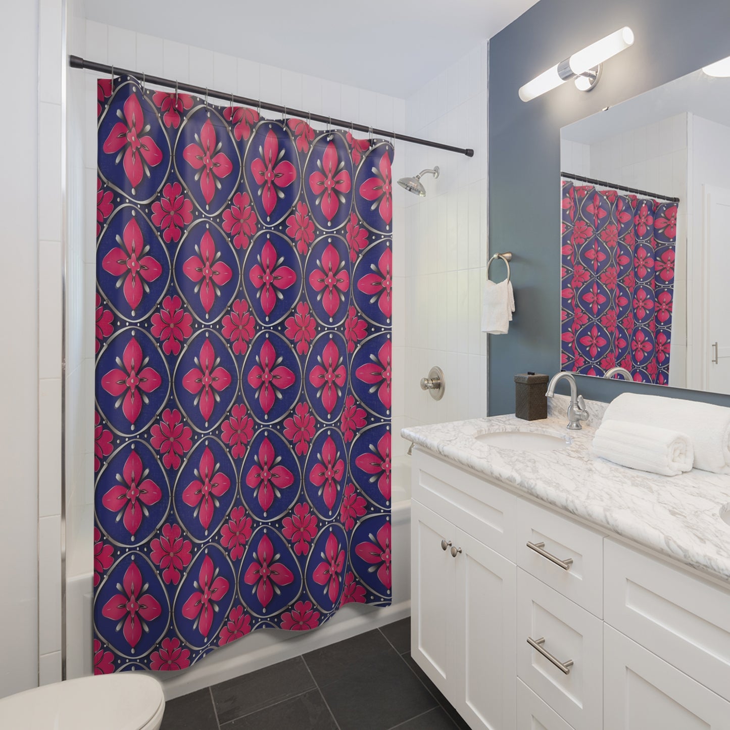 Floral Tile Shower Curtain — Navy & Fuchsia Patterned Bath Decor