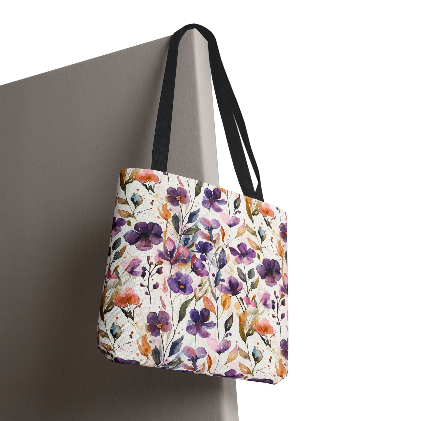 Floral Watercolor Tote Bag — Purple & Orange Botanical All-Over Print