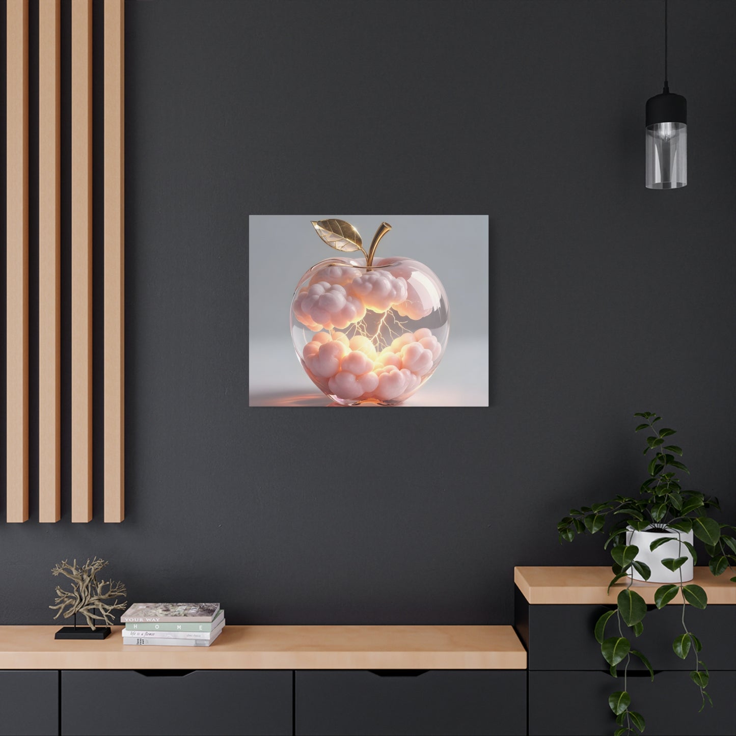 Surreal Glass Apple Canvas – Lightning & Pink Clouds Wall Art