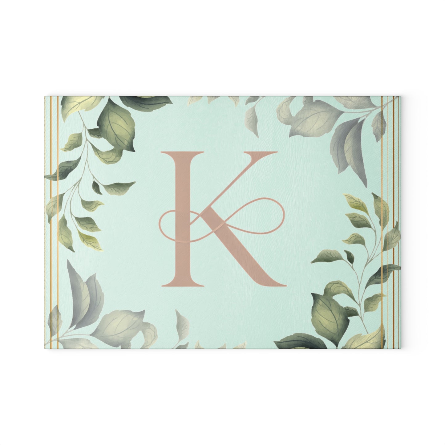 Monogram K Glass Cutting Board — Botanical Greenery Initial Kitchen Serving Board