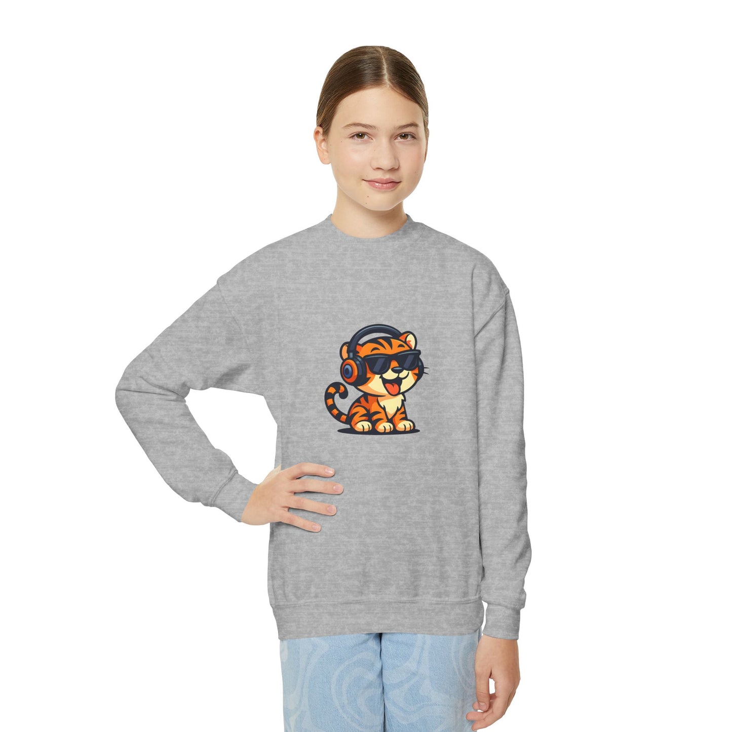 Cool Tiger Youth Crewneck Sweatshirt, Cute Animal Apparel, Teen Style, Gift for Kids, Casual Wear