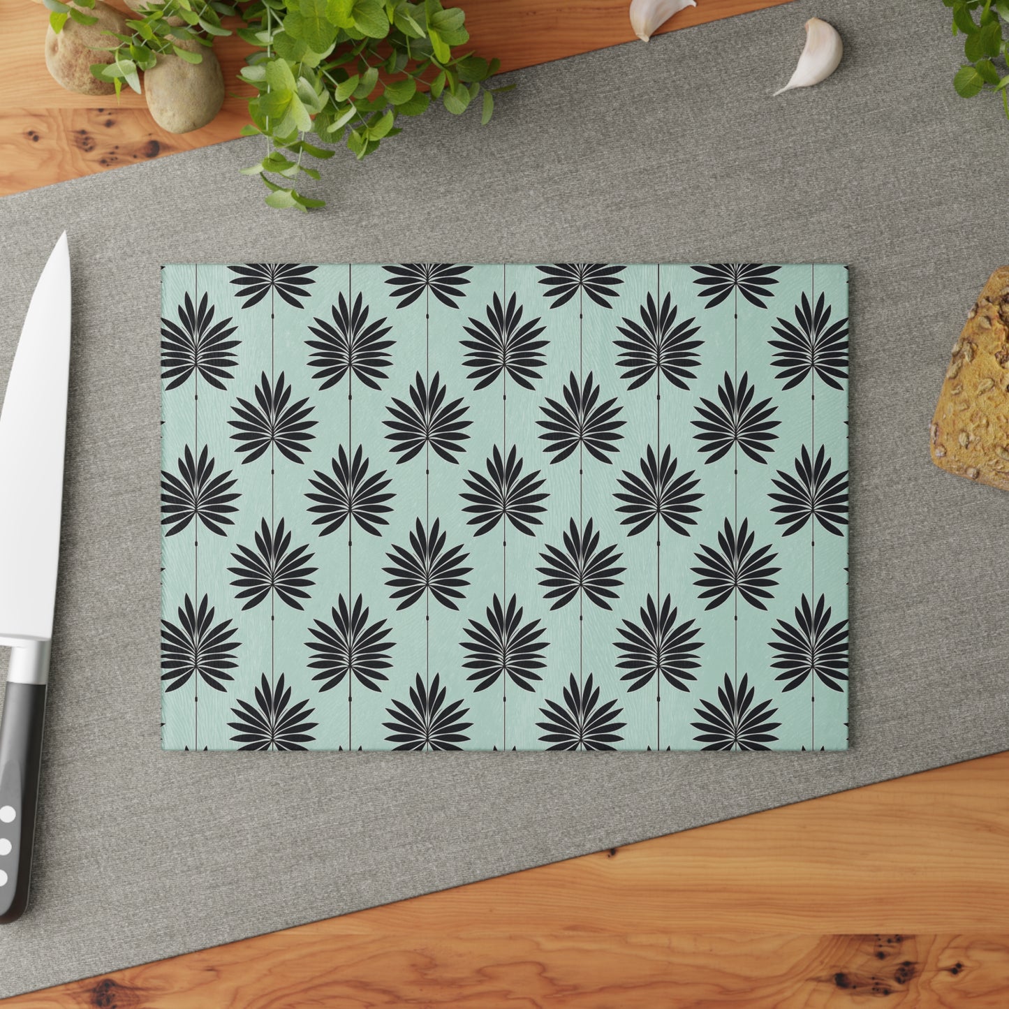 Palm Leaf Glass Cutting Board — Modern Mint Patterned Kitchen Board
