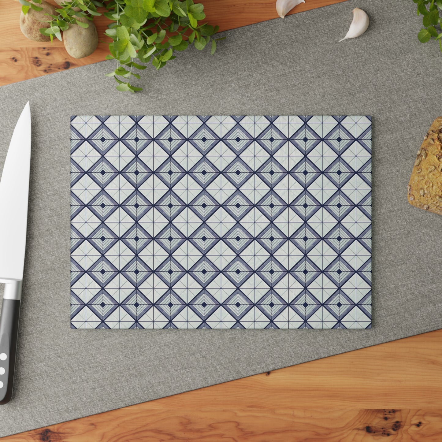 Geometric Slate Glass Cutting Board — Navy Diamond Tile Pattern