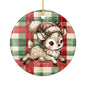 Cute Reindeer Plaid Ceramic Christmas Ornament (Double-Sided)