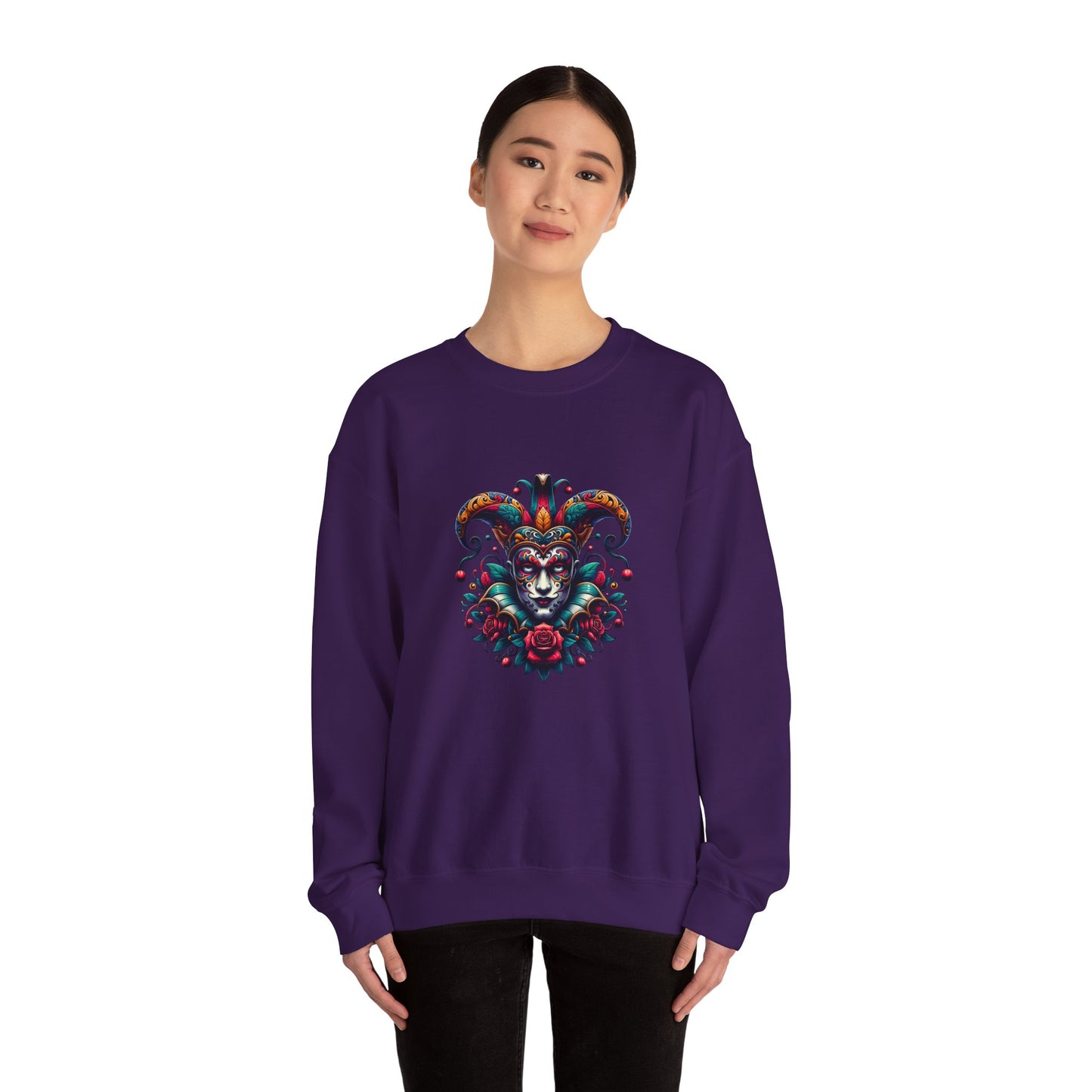 Colorful Jester Sweatshirt, Unisex Heavy Blend Crewneck, Unique Art Apparel, Trendy Fashion, Cozy Gift for Adults