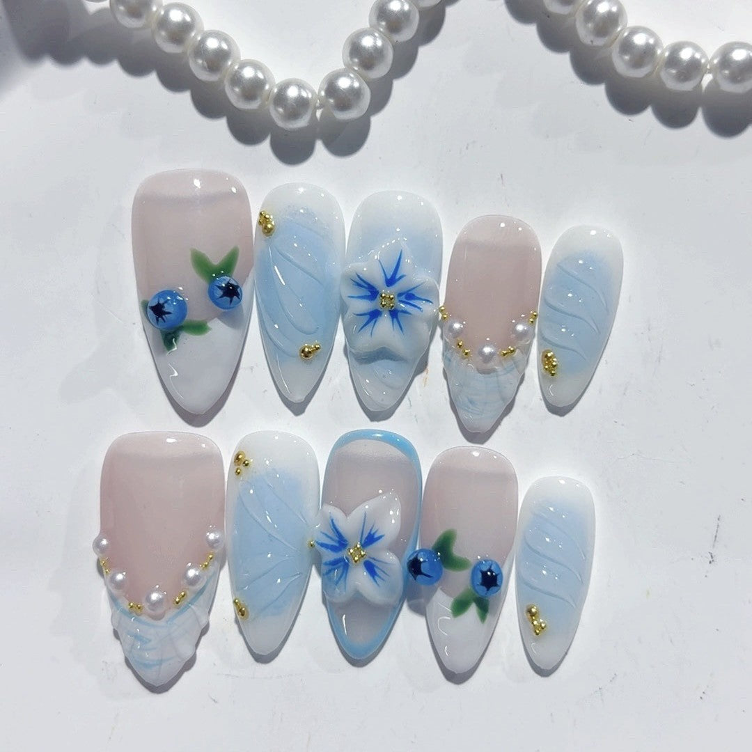 Blueberry Breeze: "Azure Berry Bloom" – Almond Press-On Nails