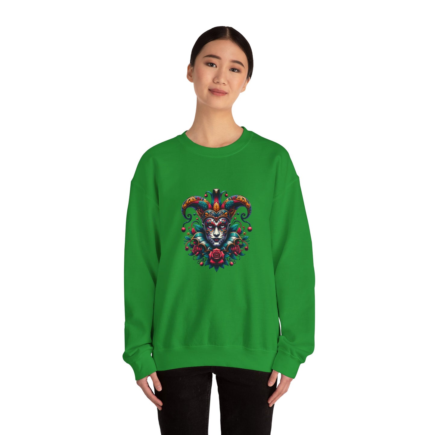 Colorful Jester Sweatshirt, Unisex Heavy Blend Crewneck, Unique Art Apparel, Trendy Fashion, Cozy Gift for Adults