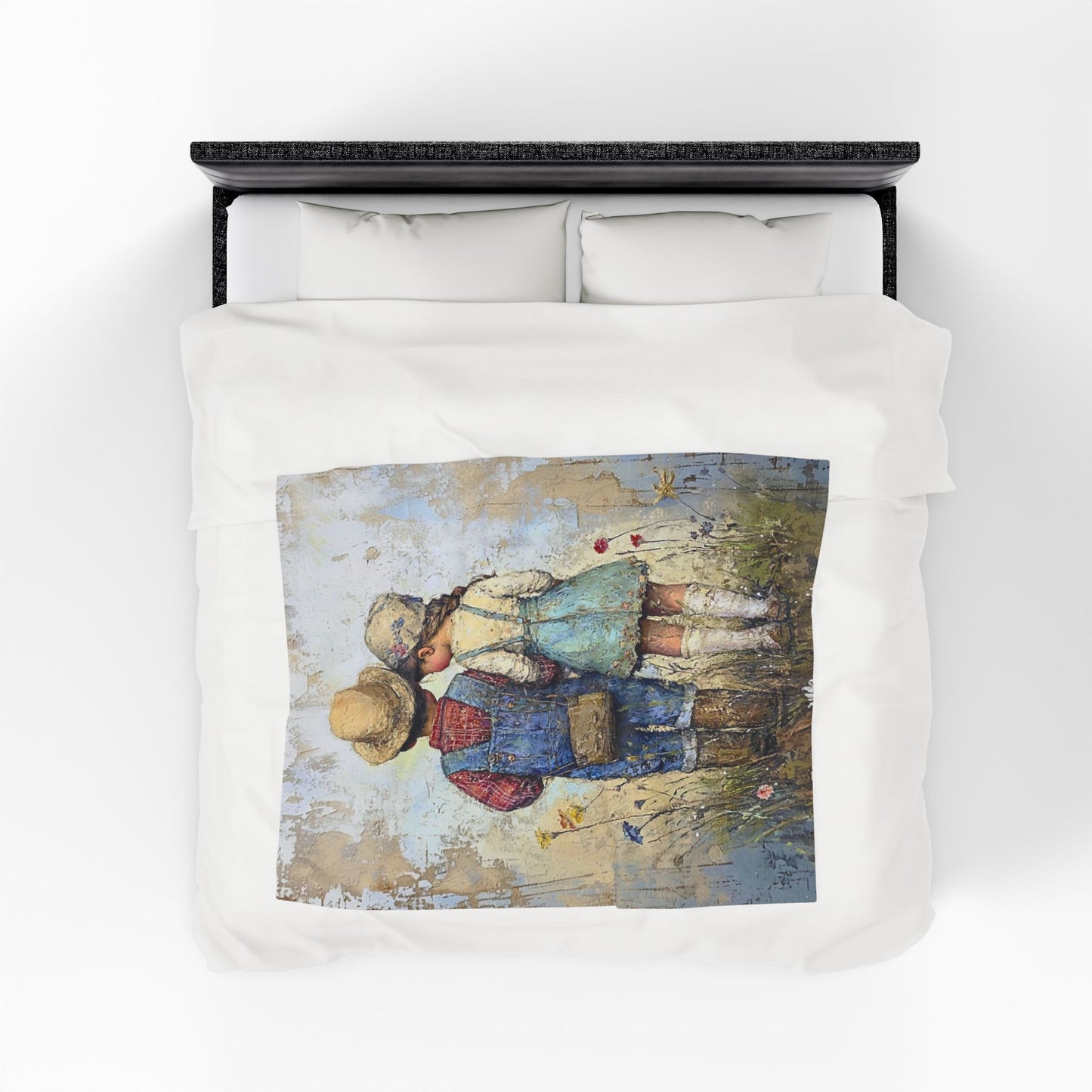 Vintage Children Standing Together Velveteen Plush Blanket — Rustic Nursery Throw