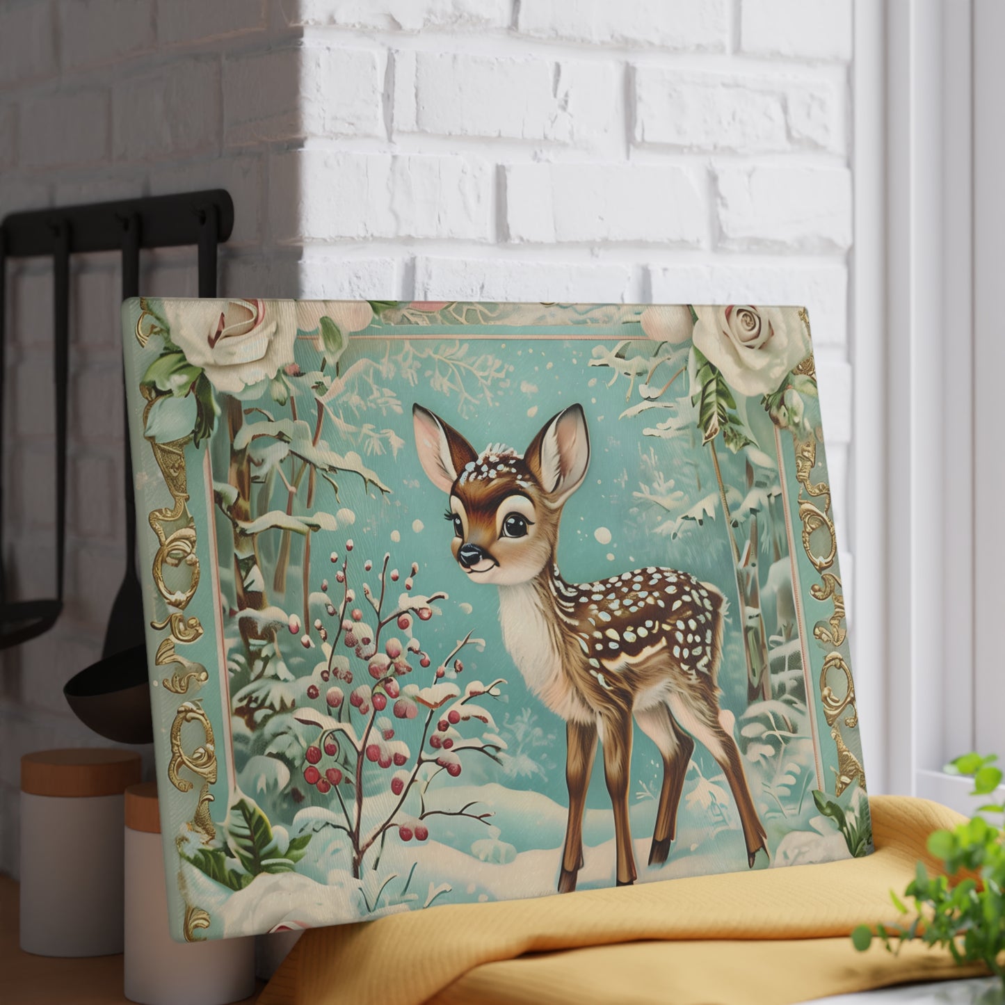 Winter Forest Deer Glass Cutting Board, Kitchen Décor, Unique Gift, Holiday Entertaining, Rustic Home Decor, Woodland Animal Design