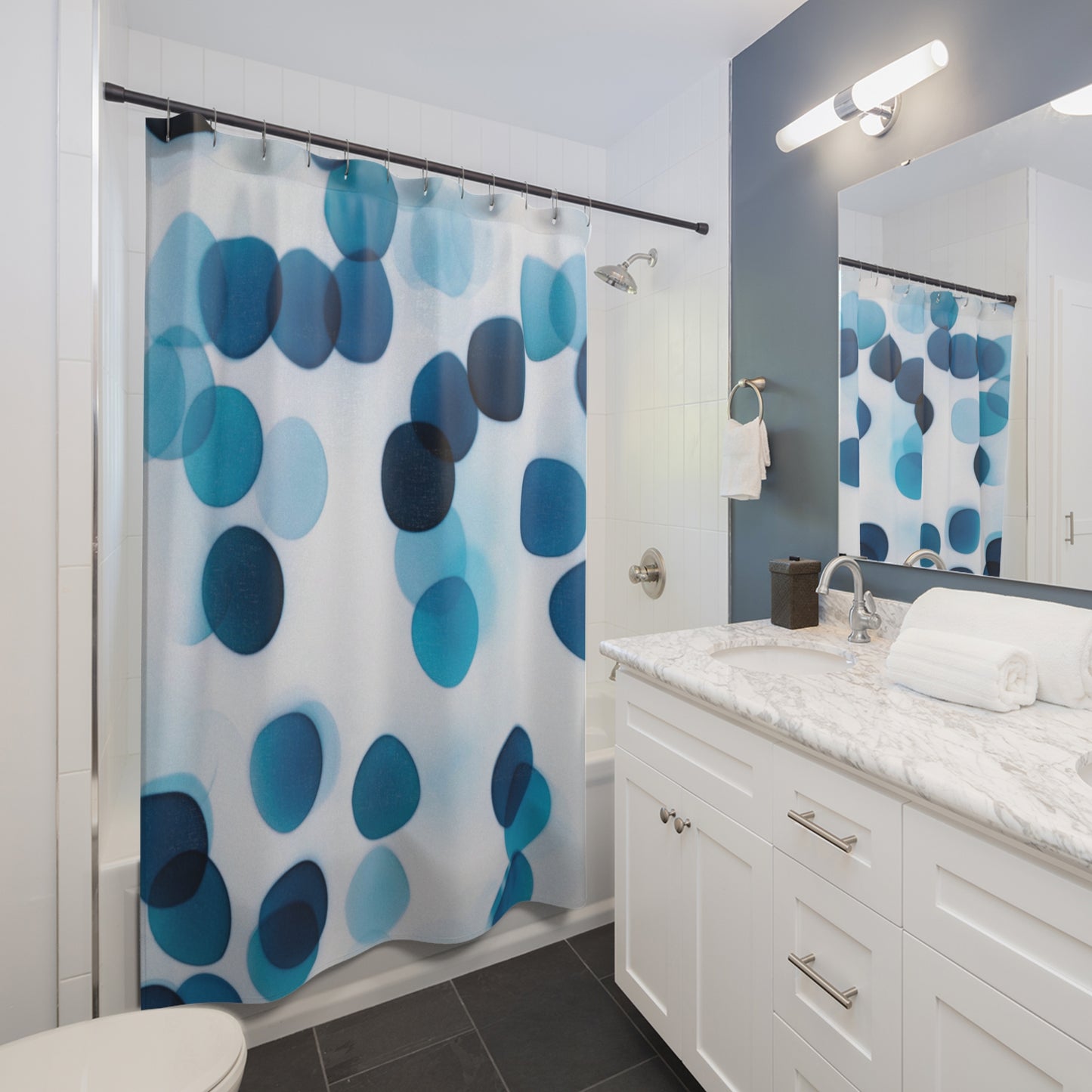 Modern Blue Polka Dot Shower Curtain, Stylish Bathroom Decor, Home Accessories, Refreshing Ambiance, Bathing Essentials, Gift