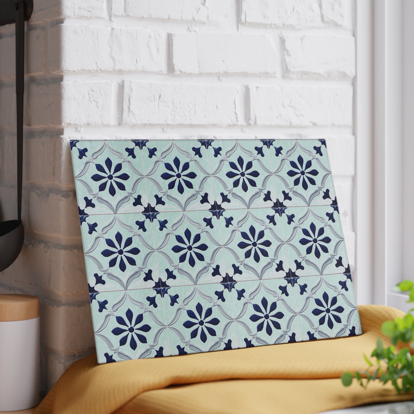 Floral Tile Glass Cutting Board — Blue Patterned Kitchen Trivet