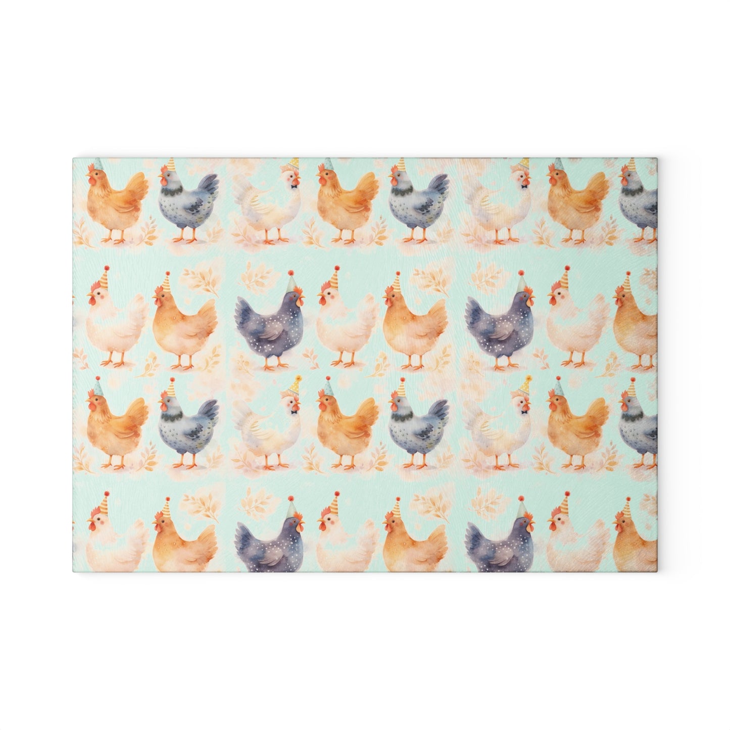 Chicken Pattern Glass Cutting Board — Watercolor Farmhouse Kitchen Decor
