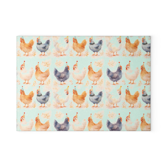 Chicken Pattern Glass Cutting Board — Watercolor Farmhouse Kitchen Decor