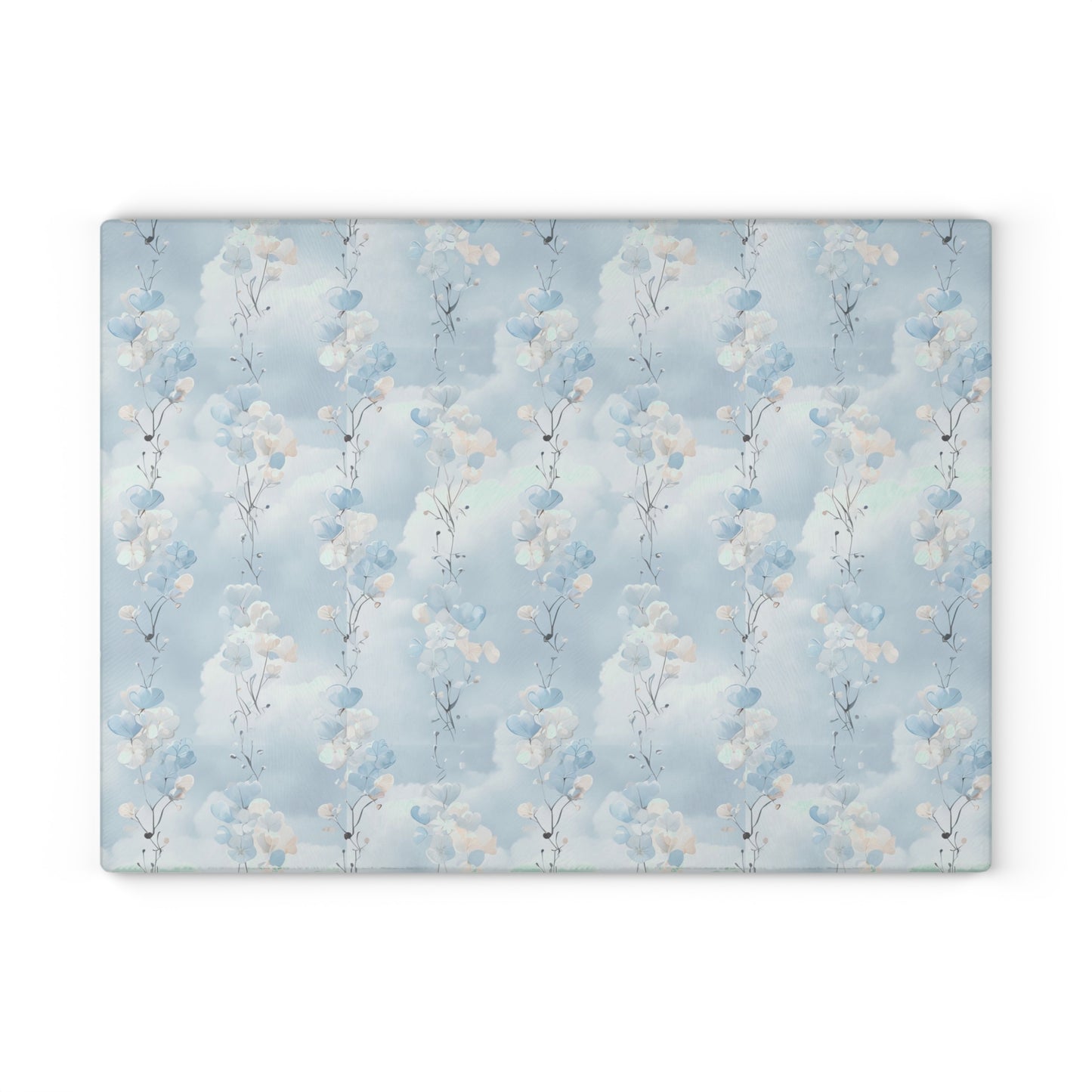Glass Cutting Board — Soft Blue Watercolor Floral Pattern