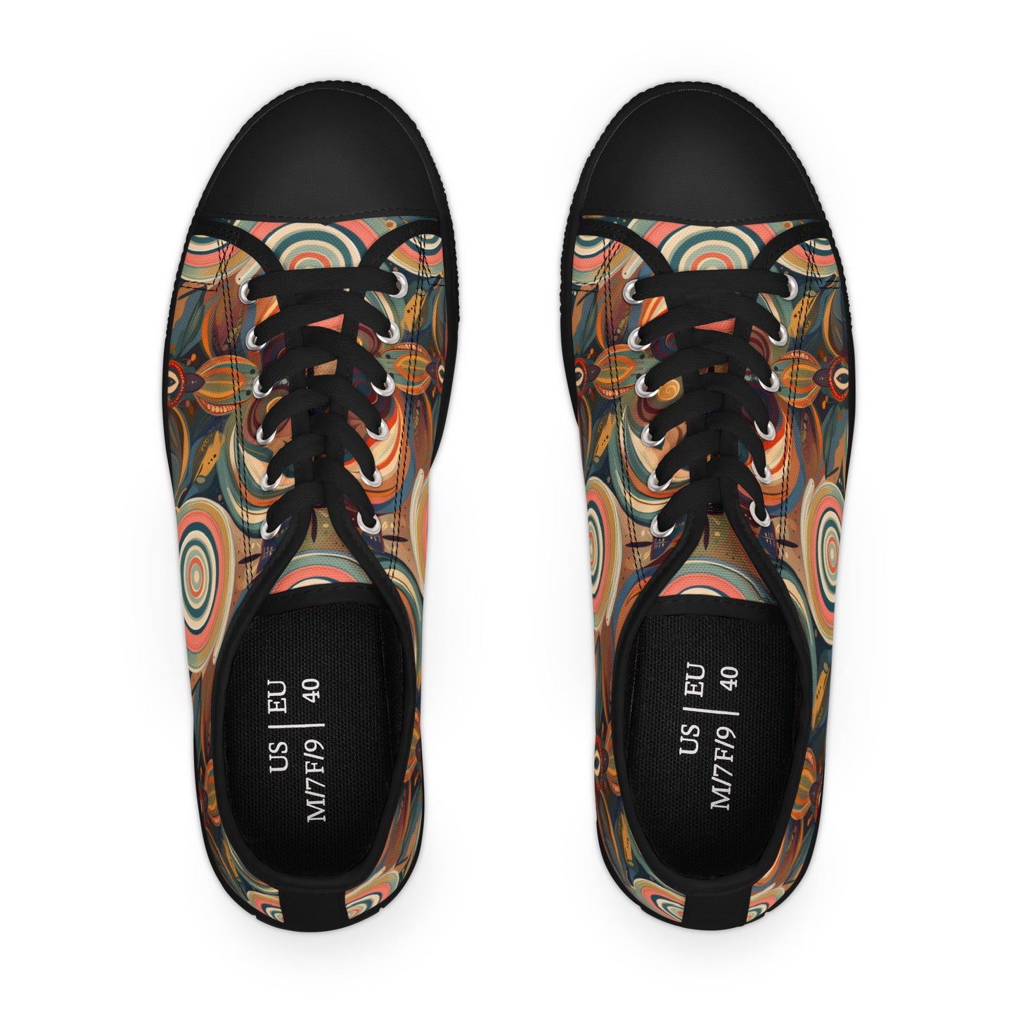 Low Top Sneakers — Retro Boho Circular Pattern Canvas Shoes