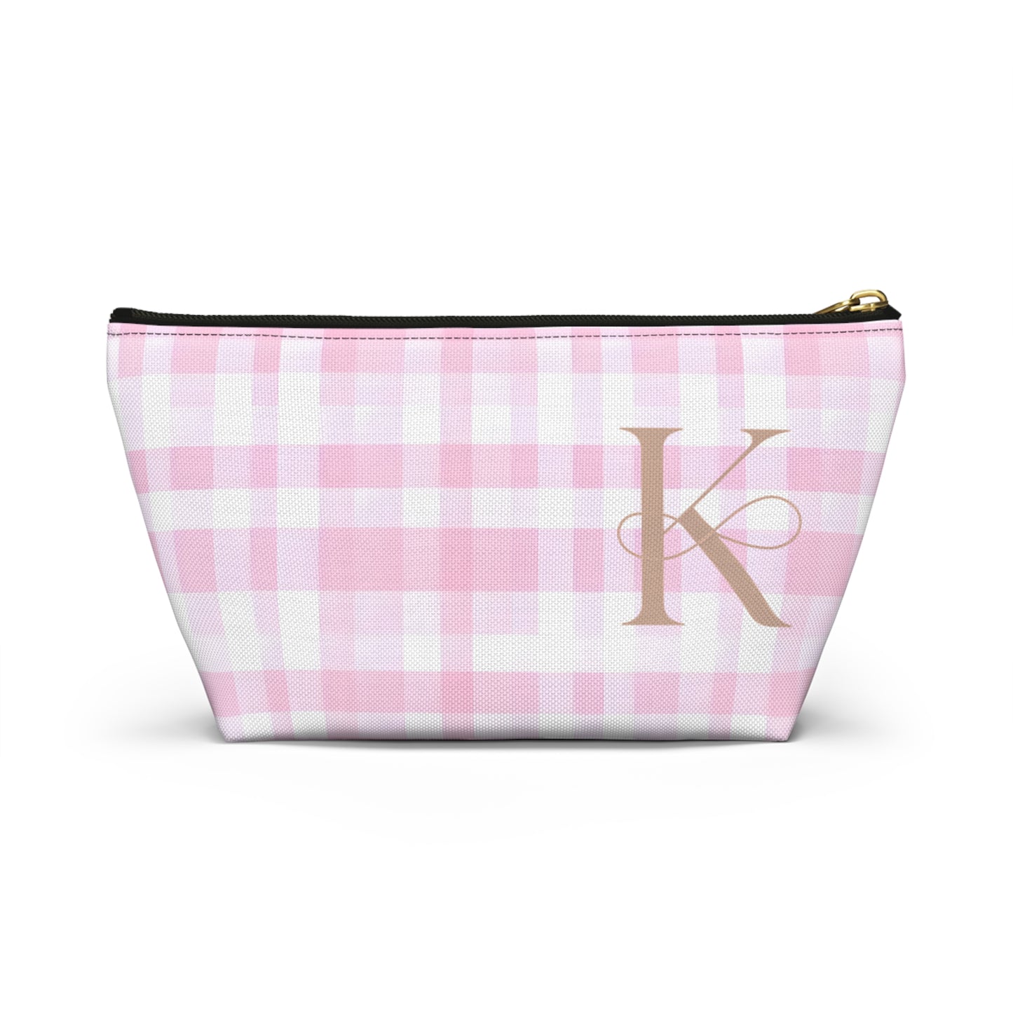 Personalized Pink Gingham Accessory Pouch, Makeup Bag - Letter K