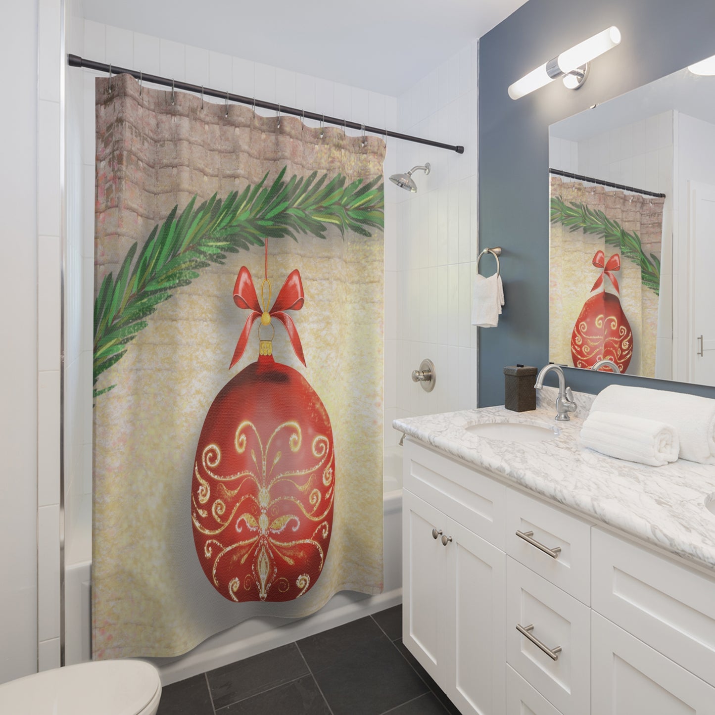 Festive Holiday Shower Curtain with Red Ornament and Pine Wreath, Christmas Bathroom Decor, Holiday Home Accessory, Gift Idea, [...]