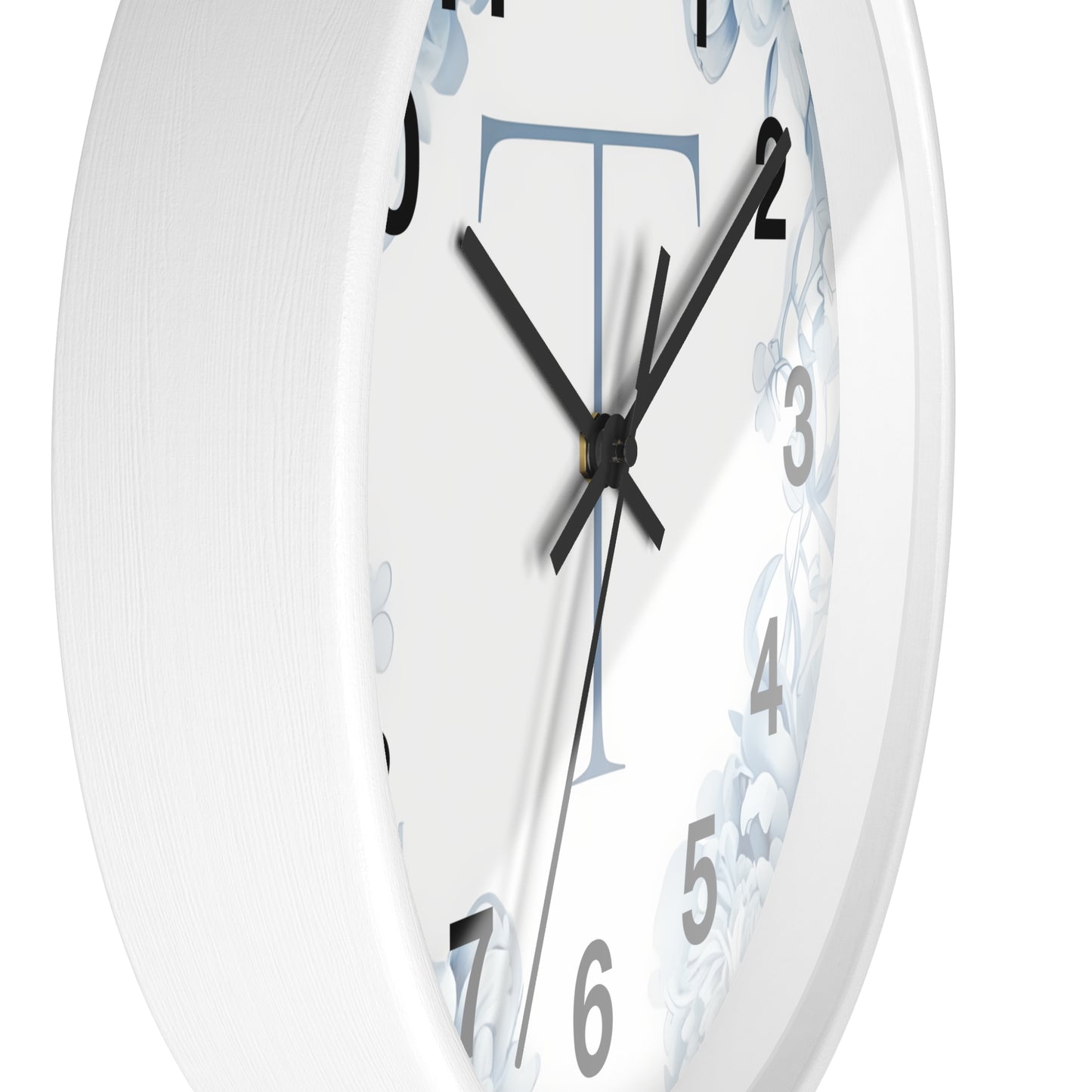Monogram T Floral Wall Clock — Elegant Blue Initial T Home Decor