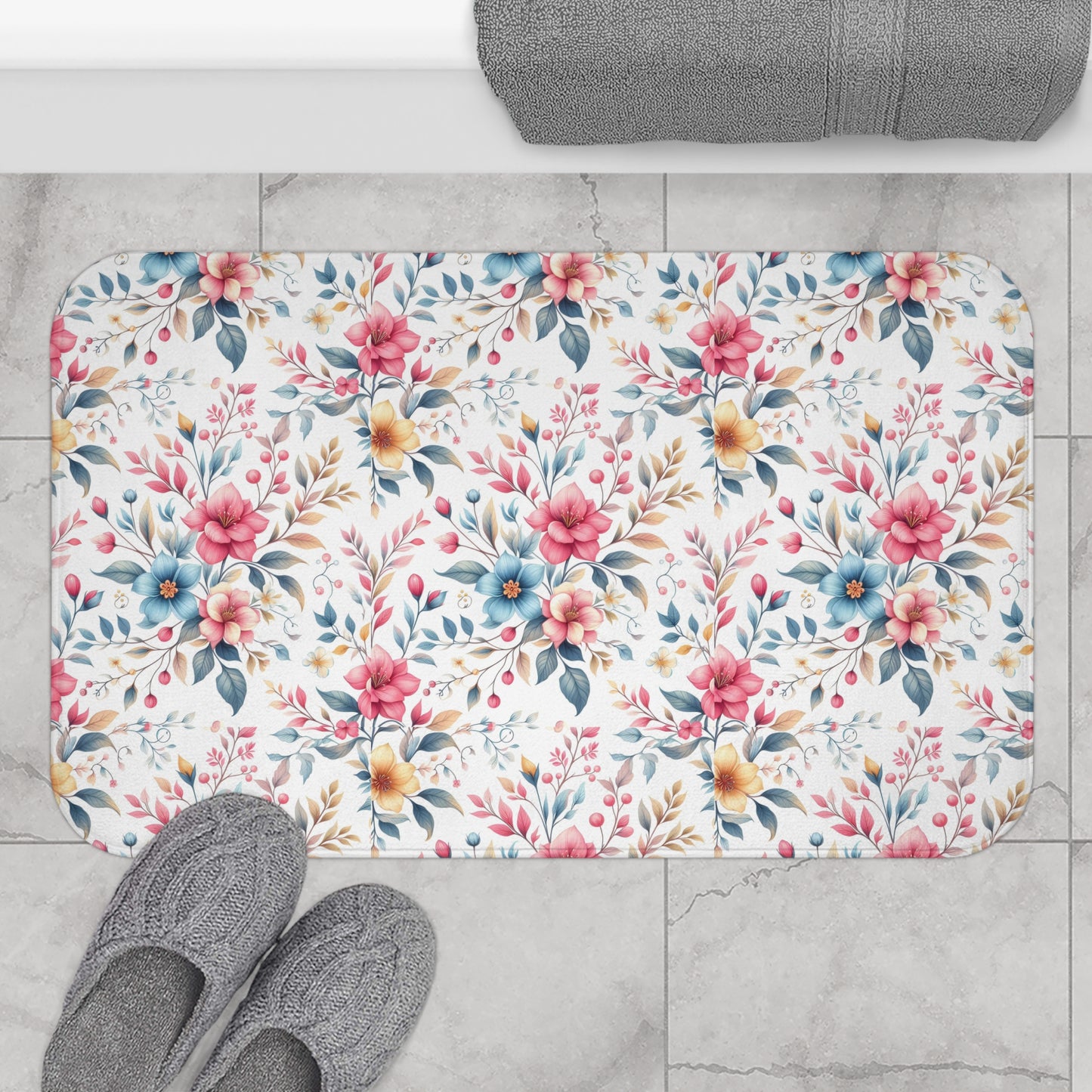 Floral Bath Mat - Cozy Home Decor, Bathroom Accessory, Gift for Her, Flower Pattern Rug, Spring Decor