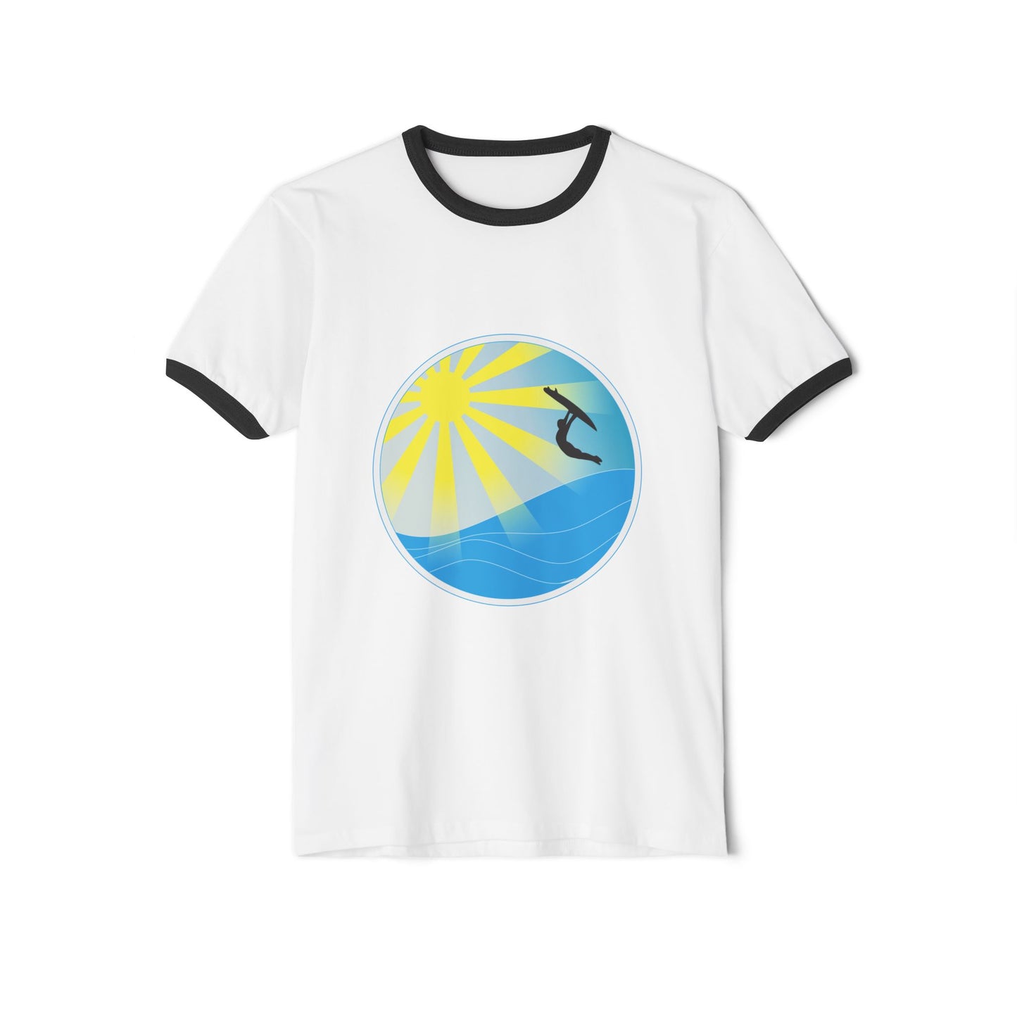 Surf Circle Ringer T-Shirt – Sunny Wave & Surfer Graphic