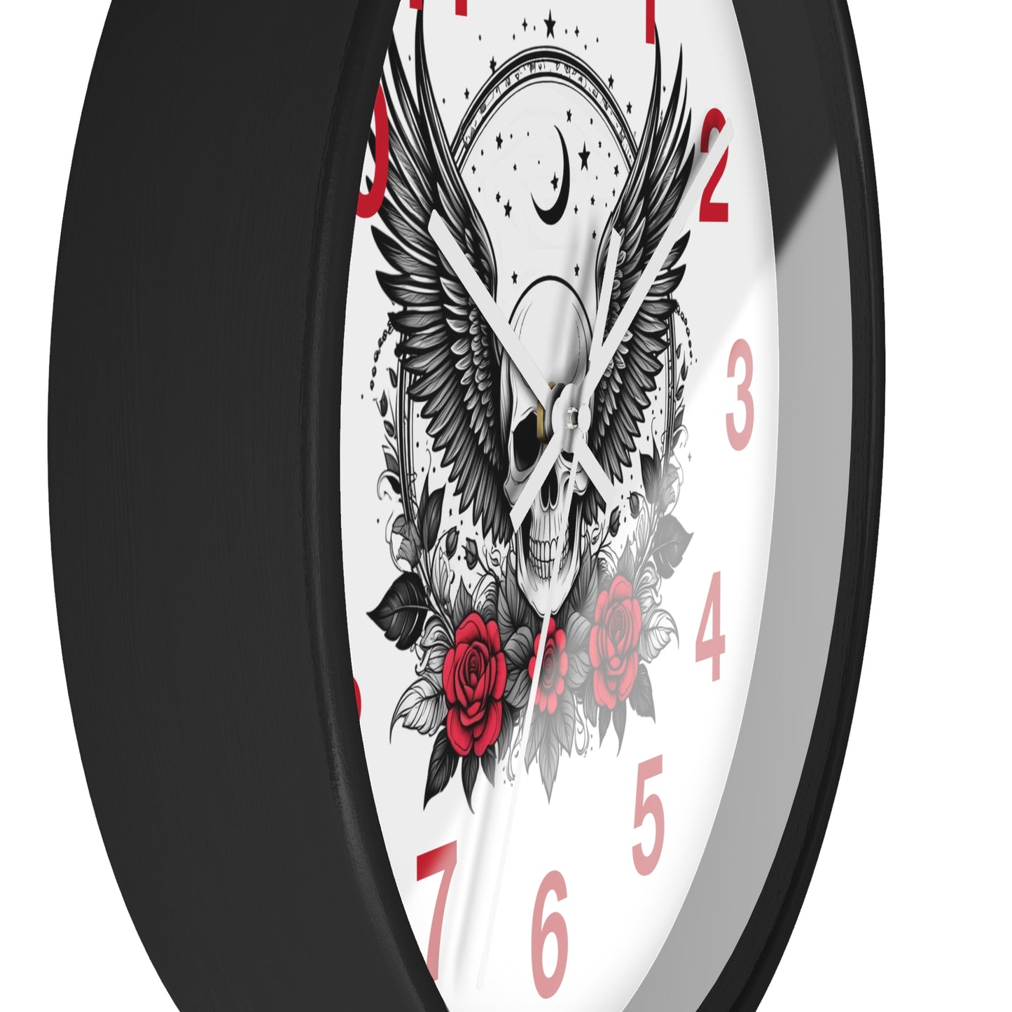 Winged Skull with Red Roses Wall Clock | Gothic Moon Skull Clock