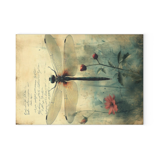 Vintage Floral Dragonfly Glass Cutting Board, Kitchen Decor, Gift for Chefs, Housewarming, Mother’s Day, Unique Kitchen Gift