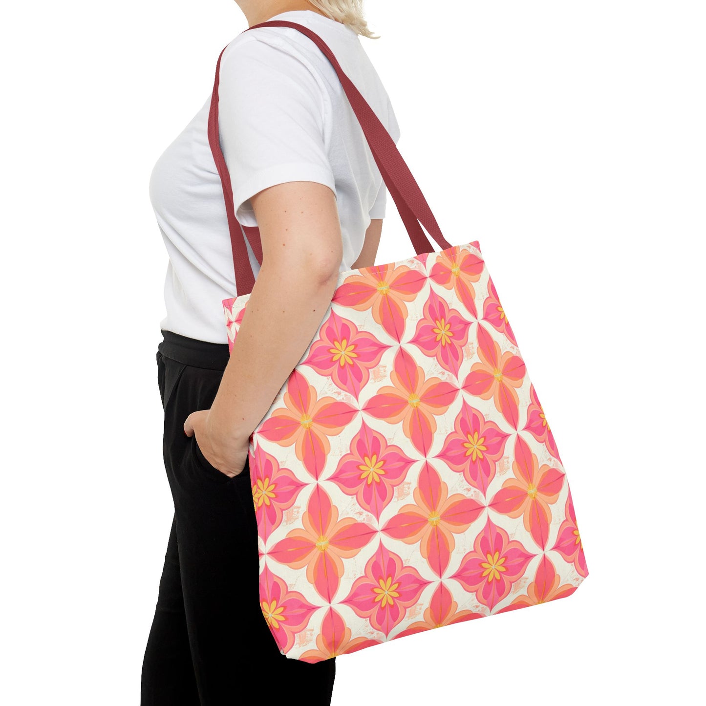 Pink Floral Geometric Tote Bag — All-Over Print Reusable Shopper