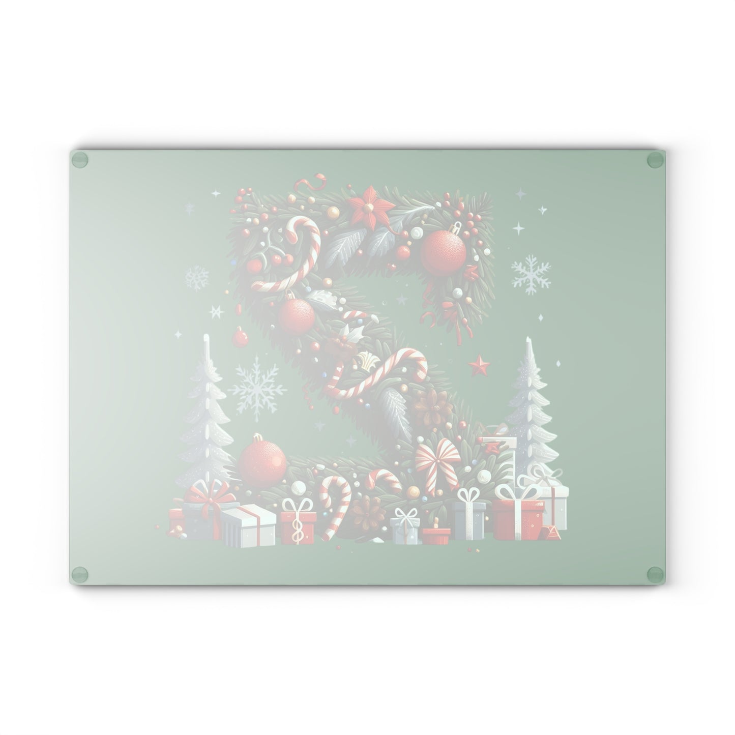 Christmas Wreath 'Z' Glass Cutting Board – Festive Holiday Kitchen Board, Candy Cane & Ornaments Design