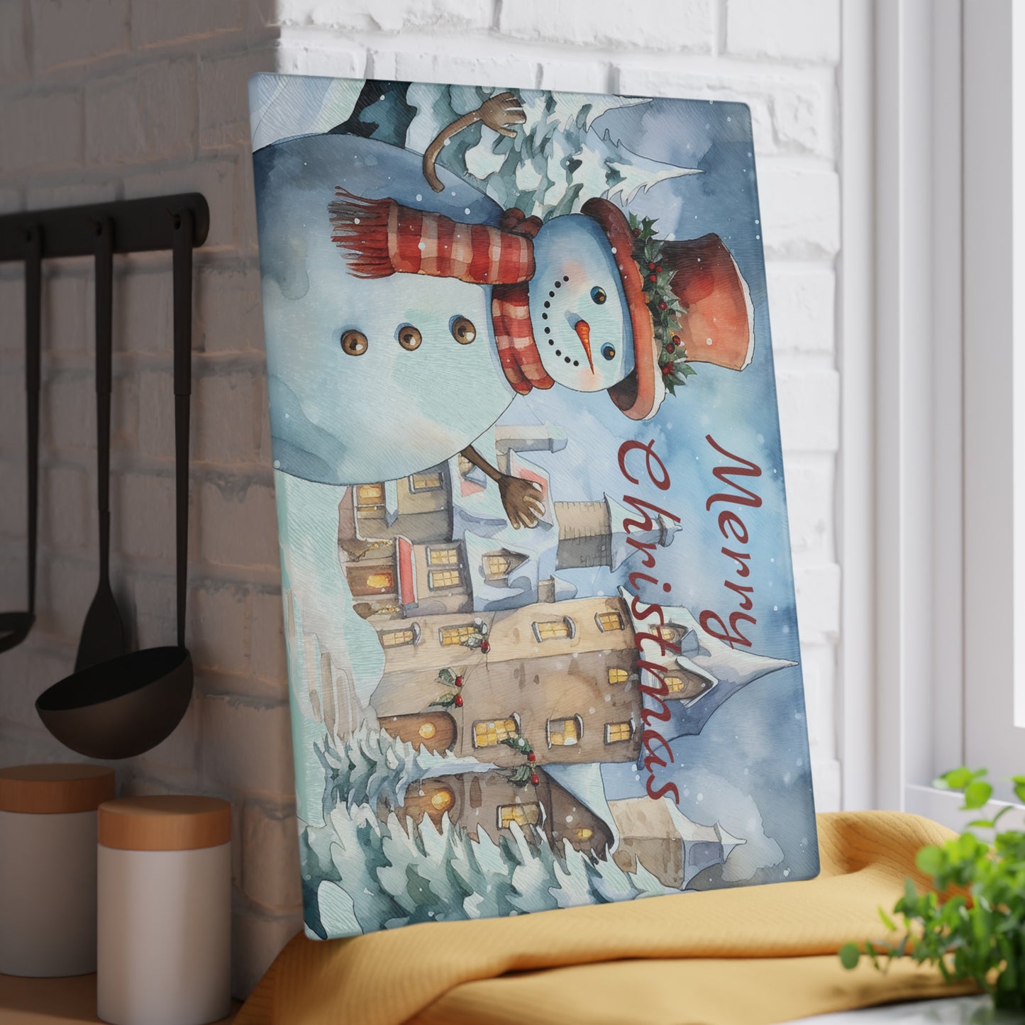Merry Christmas Snowman Glass Cutting Board – Festive Holiday Kitchen Decor