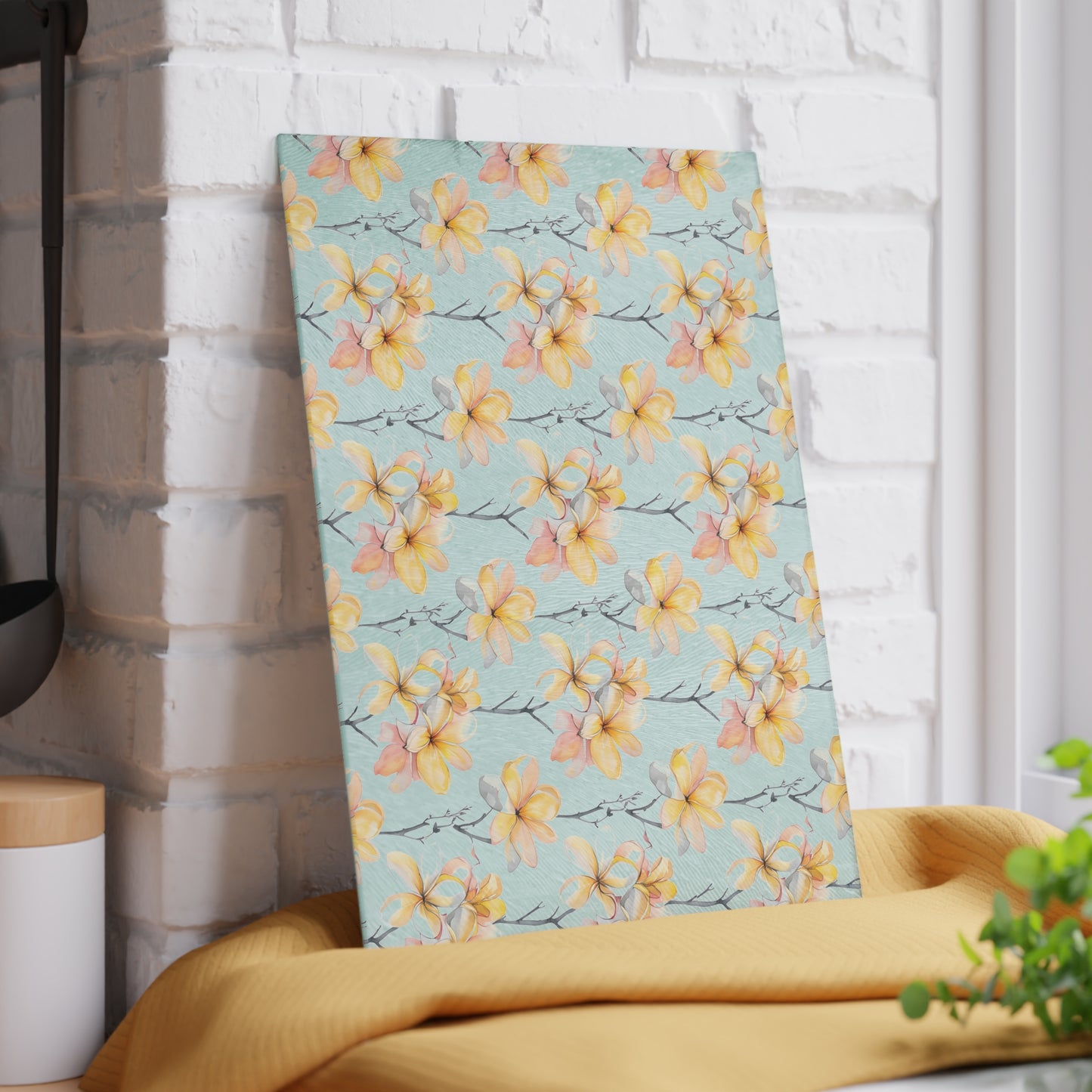 Floral Magnolia Glass Cutting Board — Pastel Yellow Blossom Kitchen Decor