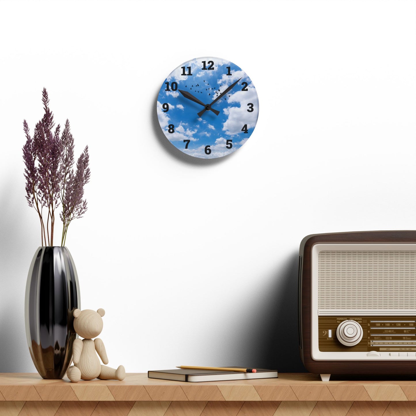 Sky Blue Acrylic Wall Clock - Modern Decor, Birds, Home Office, Unique Wall Art