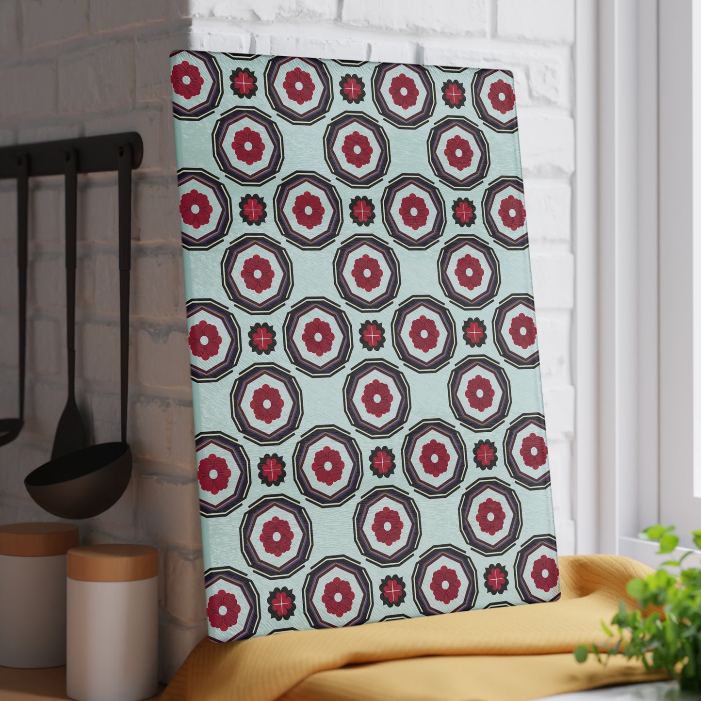 Retro Geometric Glass Cutting Board — Mint & Burgundy Pattern