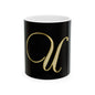 Gold Script Letter 'U' Black Ceramic Mug (11oz, 15oz)